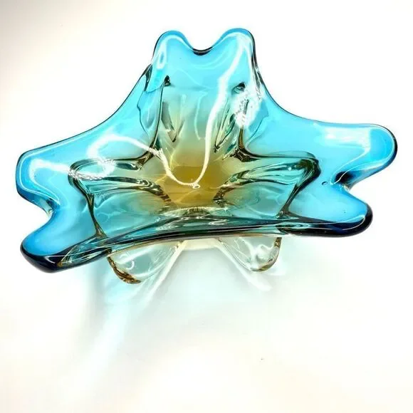 Mid-Century Murano Style Blue Amber Sommerso Art Glass Bowl Ashtray Centerpiece - Picture 4 of 7